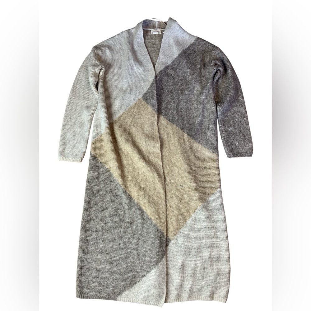 Kaisley Colorblock Knit Duster Cardigan Longline Sweater Tan Grey Large